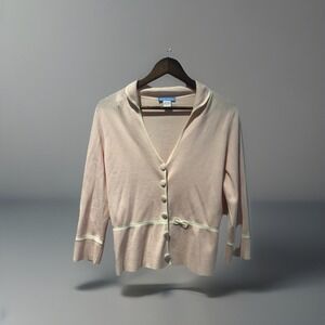 White + Warren Silk Blend Soft Pastel Pink‎ Cardigan Sweater Womens L Bow Accent